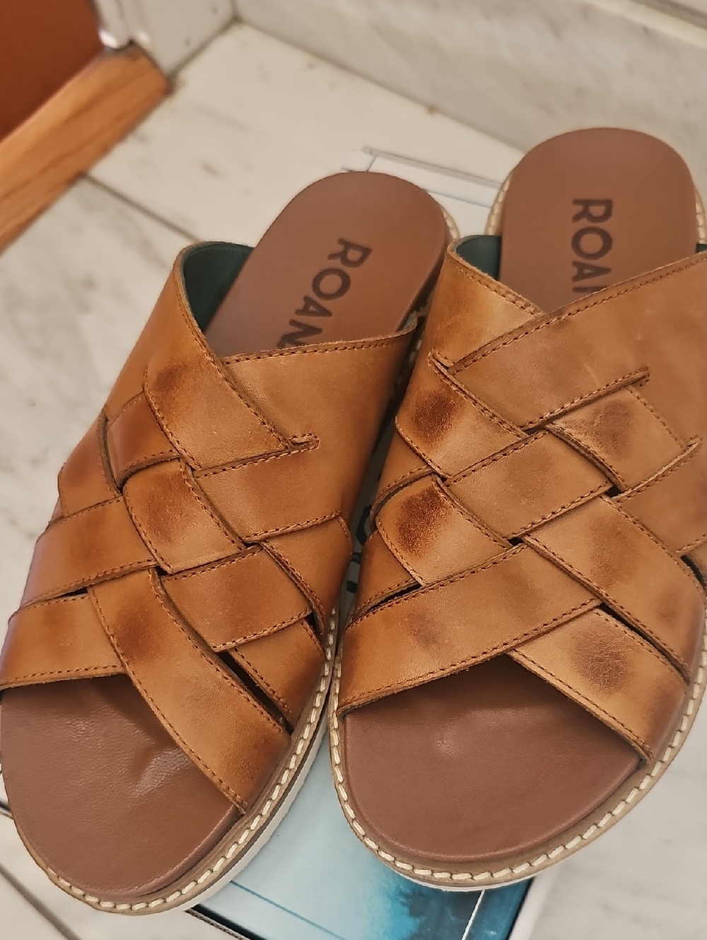 ROAN Woven Slide Mules in Tan Leather